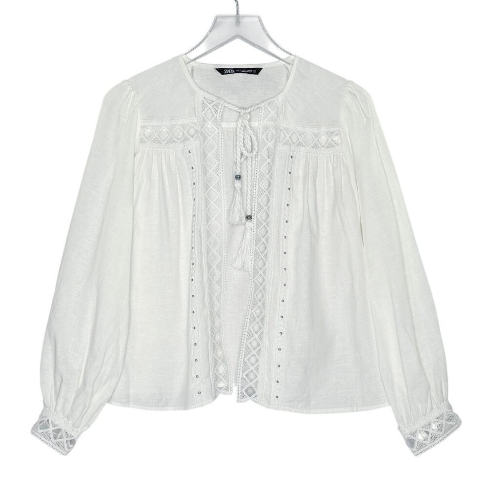 Zara Open Front Boho Peasant Top S White Lace Embroidered Panel Detail